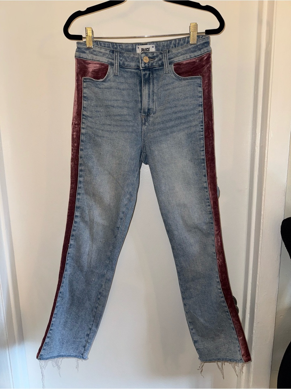 PAIGE Cindy Light Blue Denim Jeans with Burgundy Velvet Side Stripes